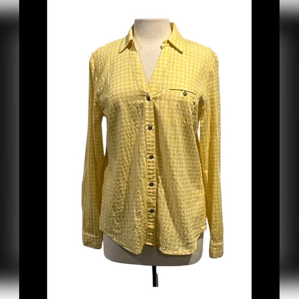 Kut From The Kloth Button Up Yellow & White Plaid Flannel Shirt Pocket Sz MP